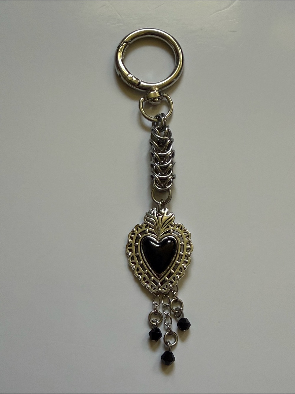 Silver black heart keychain with black beads Gothic Whimsical